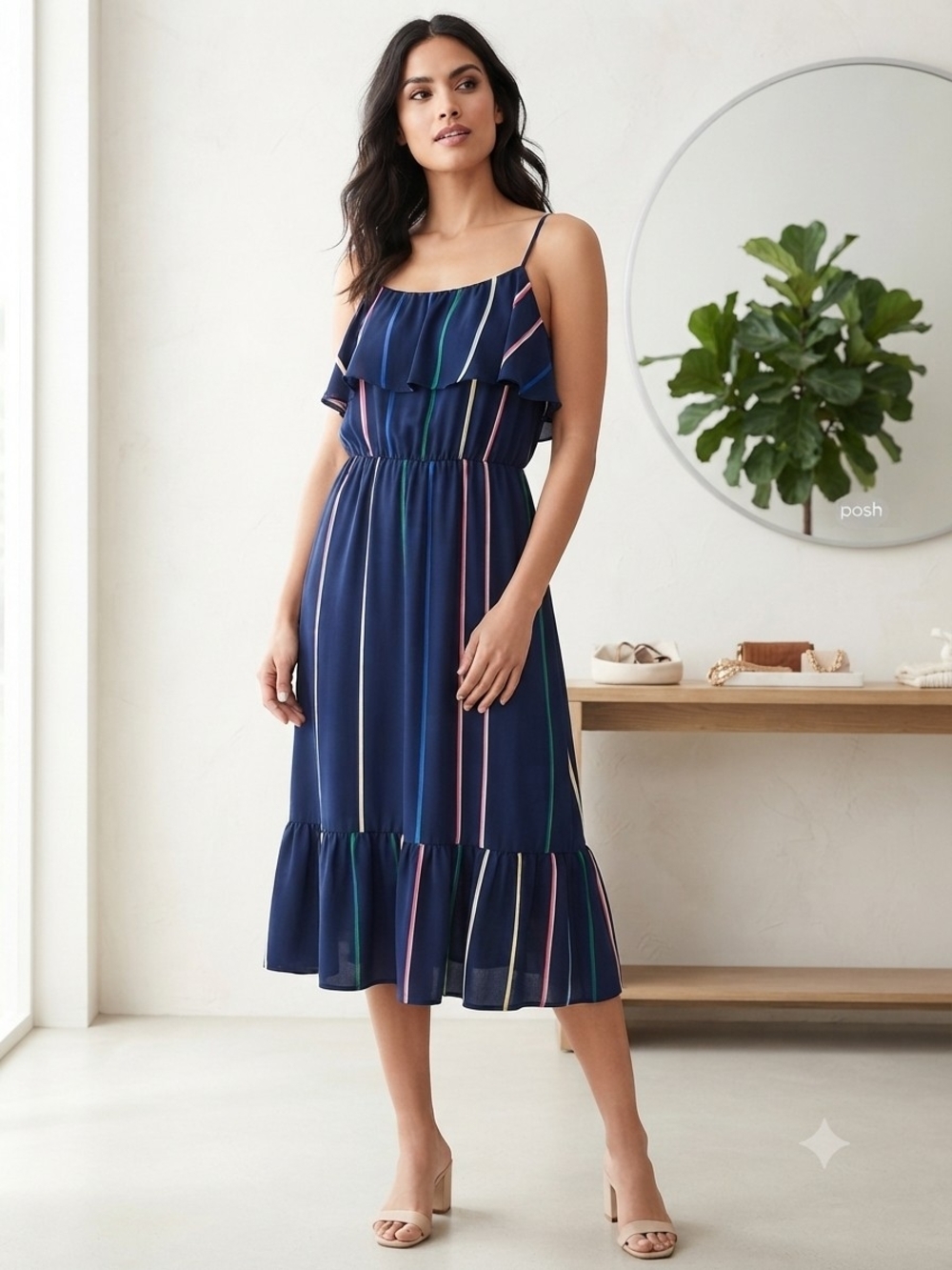 Banana Republic Navy Vertical-Stripe Ruffle Midi Dress